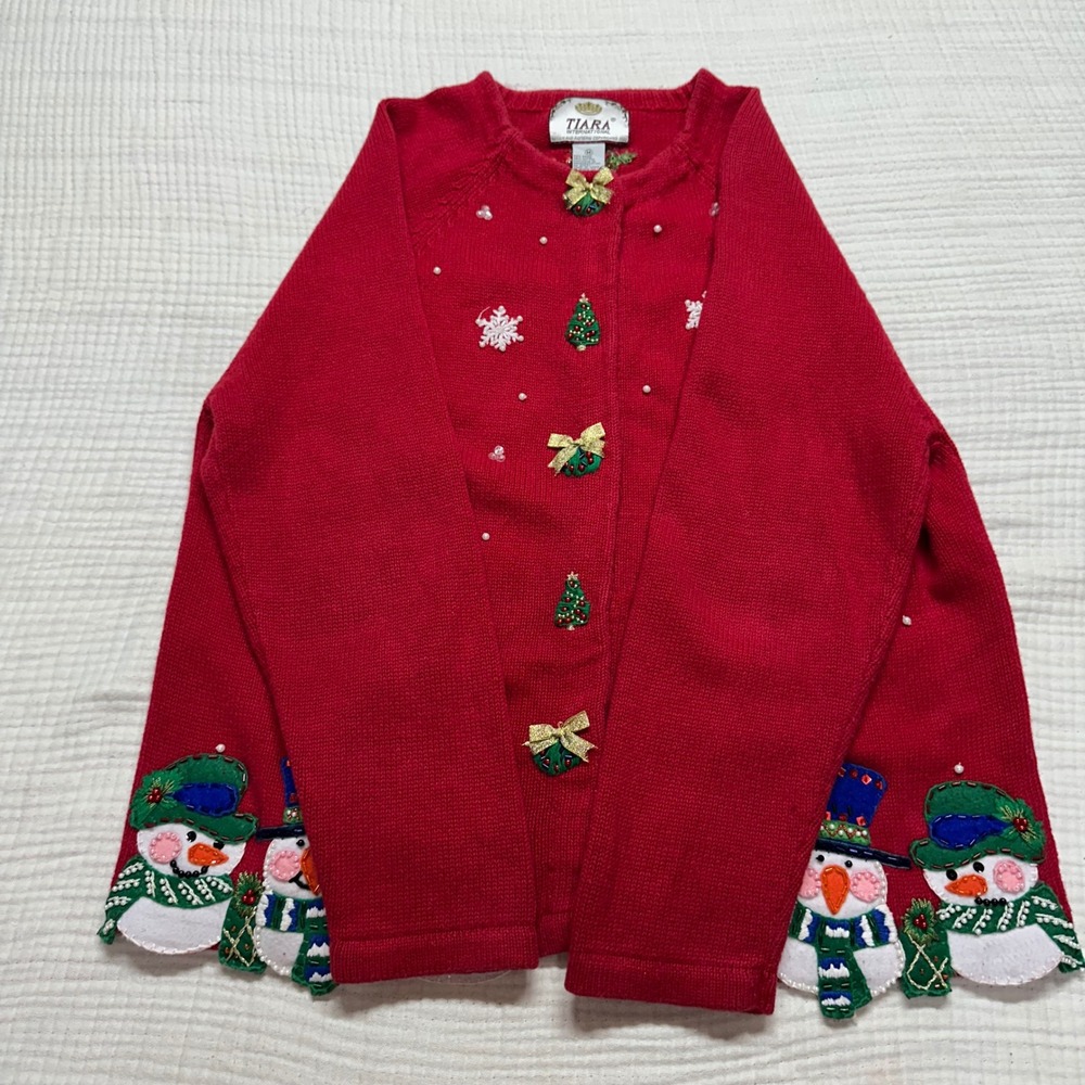 Vintage Tiara International Womens Ugly Christmas Sweater cardigan Snowman M - Picture 7 of 14